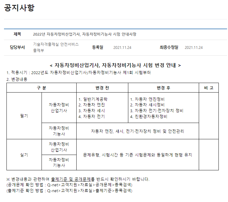 ★★★ 2022_자동차정비산업기사_이론시험과목변경안내 ★★★