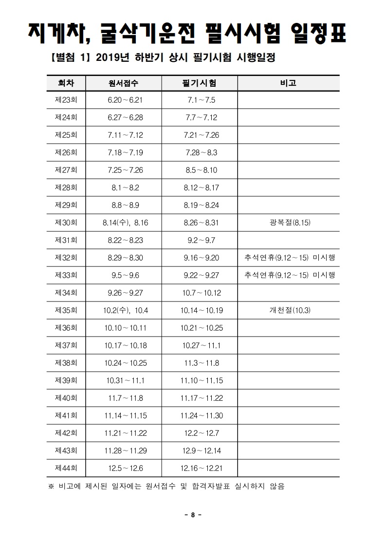 2019년도 하반기 지게차, 굴삭기 상시시험 일정표