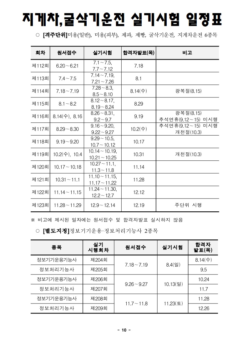 2019년도 하반기 지게차, 굴삭기 상시시험 일정표